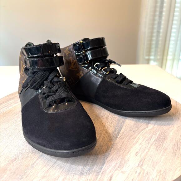 Authentic Louis Vuitton Black Monogram Move Up High Top Sneakers Shoes Size 7.5 - Picture 4 of 13